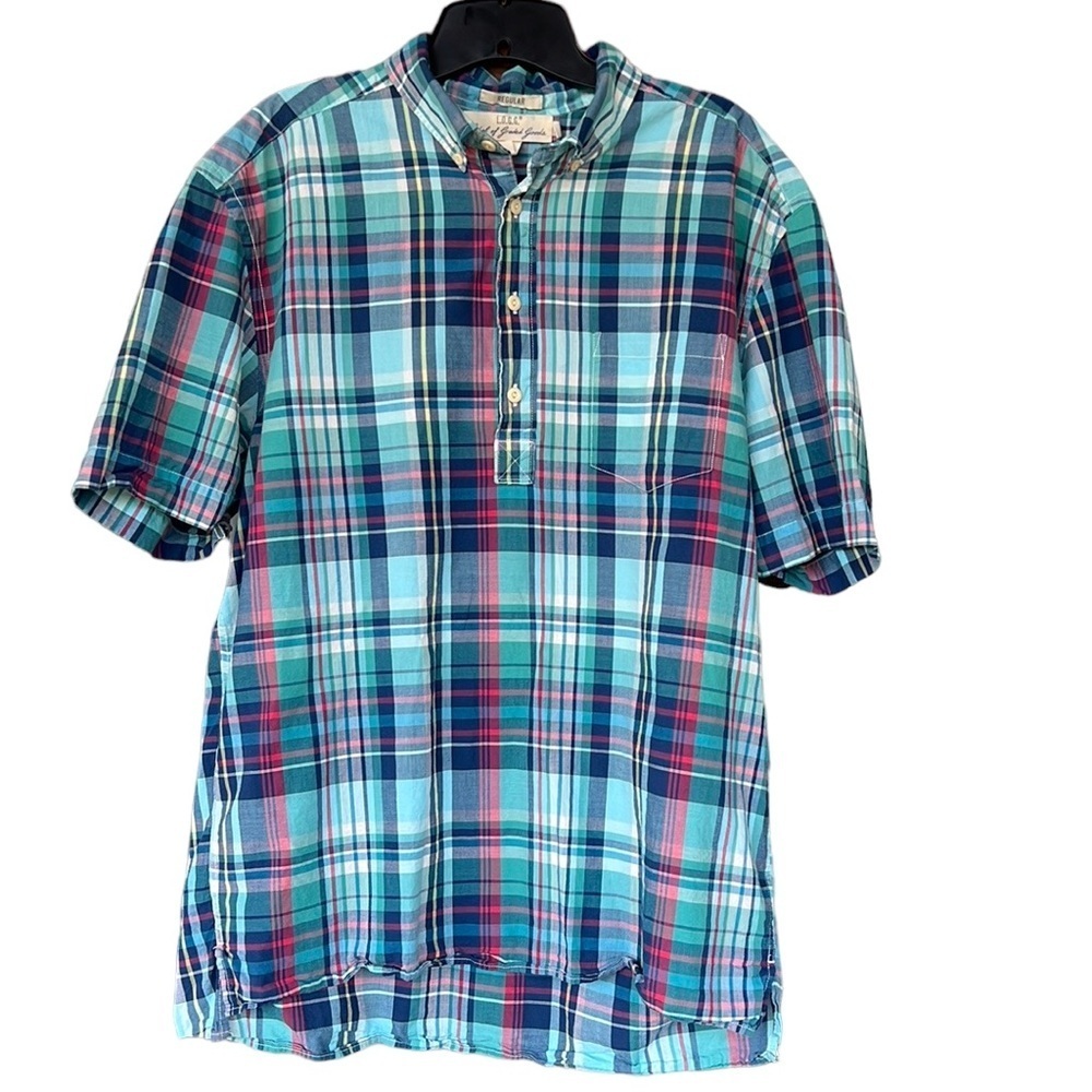 H&M LOGG Men’s Plaid 1/4 Button Down Popover Shirt Size L. Blue, red, yellow.